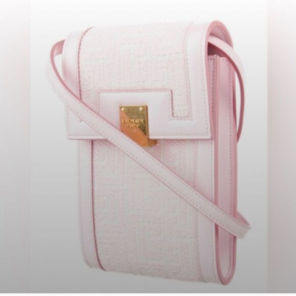 *Balmain* PRISTINE Leather Trimmed Pink Jacquard Canvas Monogram Crossbody - Picture 13 of 13